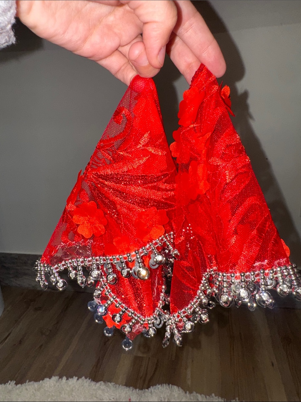 Red Embellished Mindil with Silver Bells
